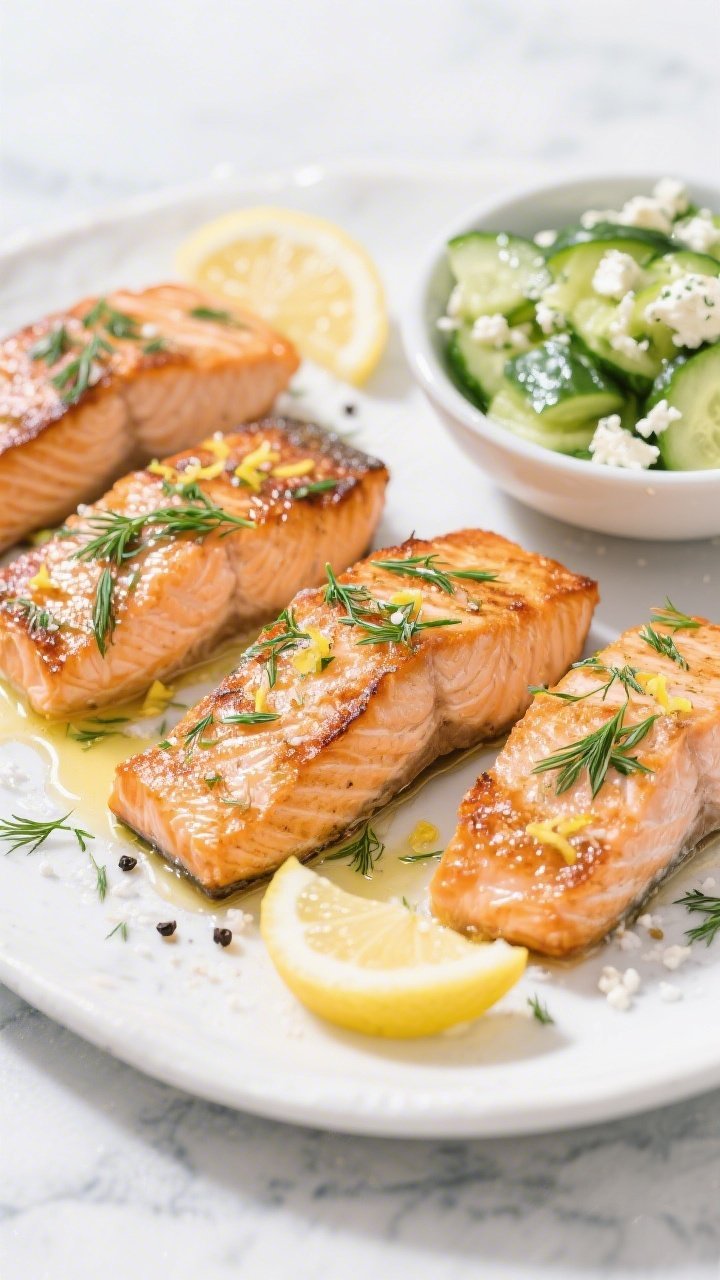 Straight-on hero shot of lemon-dill salmon with crispy skin: four skin-on fillets seared to glassy-crisp skin and succulent flakes, finished with melted butter, lemon zest, and a squeeze of lemon juice; sprinkled with chopped fresh dill, sea salt, and black pepper; paired alongside a chilled cucumber feta salad in a shallow white bowl, cucumber glistening with citrus; clean, fresh coastal vibe, cool color palette, minimal styling on a light stone surface.