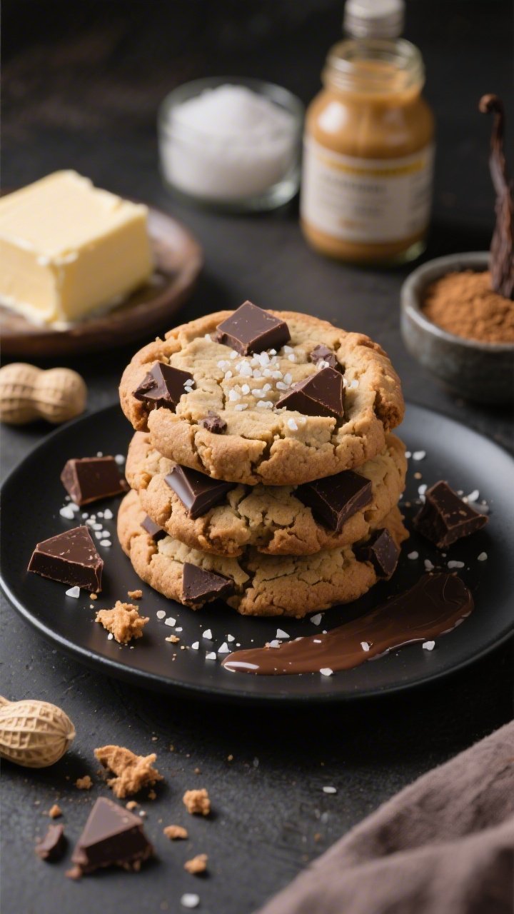 Straight-on hero shot of peanut butter chocolate chunk cookies sprinkled with espresso sea salt: large irregular dark chocolate chunks melting into crackled tops, coarse espresso-infused sea salt visible. A short stack of cookies on a matte black plate with crumbs and chocolate smears, with supporting props: softened butter, creamy peanut butter jar, granulated sugar, light brown sugar, vanilla extract bottle, and a small dish of espresso salt. Rich, cozy tones, soft side light to accent texture and melty chocolate, shallow depth for irresistible appeal.