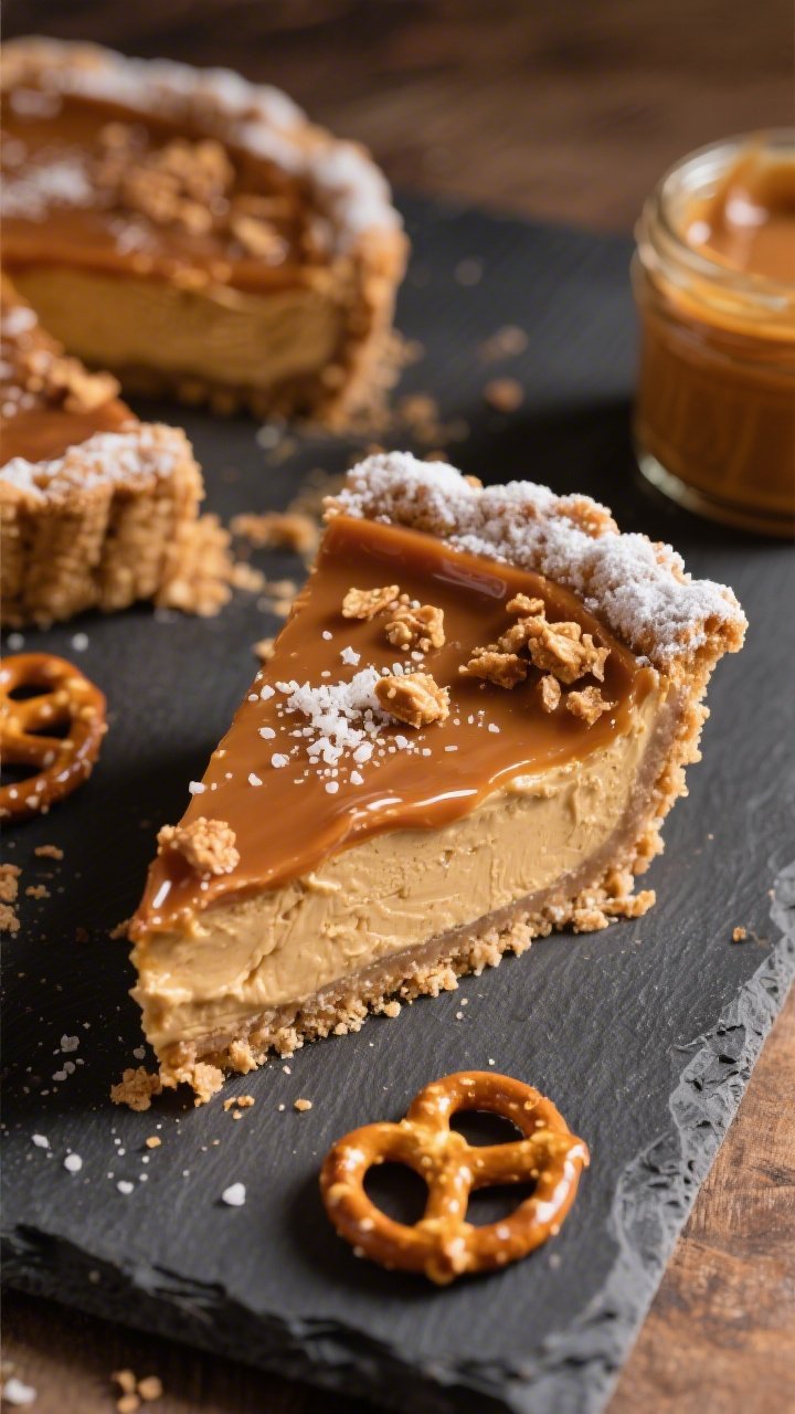 Straight-on hero shot of Salted Caramel Pretzel Peanut Butter Pie: thick, creamy peanut butter–cream cheese filling sweetened with powdered sugar in a crisp pretzel crust (crushed pretzel twists, melted butter, brown sugar), finished with a generous glossy salted caramel layer and a scattering of crushed pretzels and flaky sea salt. A slice lifted to reveal distinct layers—crunchy, creamy, and sticky caramel—set on a slate board with a small jar of caramel sauce and extra pretzel twists; warm, inviting lighting for indulgent appeal.