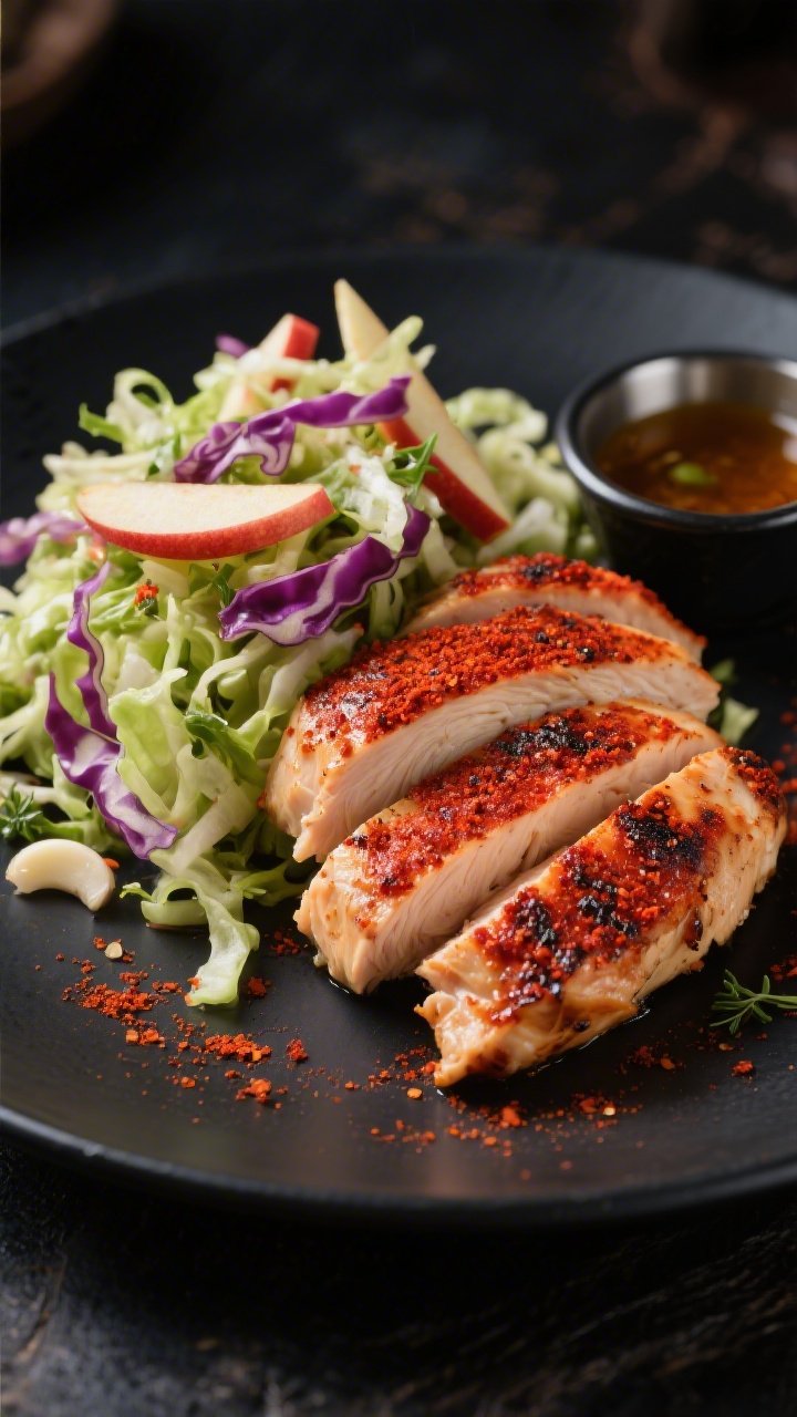 Straight-on hero shot of smoky paprika chicken with crunchy cabbage-apple slaw: sliced paprika-rubbed chicken breasts with a charred edge fanned over a heap of vibrant slaw made from shredded green and purple cabbage and thin apple matchsticks; hints of garlic, onion powder, oregano seasoning visible as rub residue; served on a matte black plate with a small ramekin of vinaigrette; moody backdrop to emphasize the deep red paprika crust and crisp slaw.