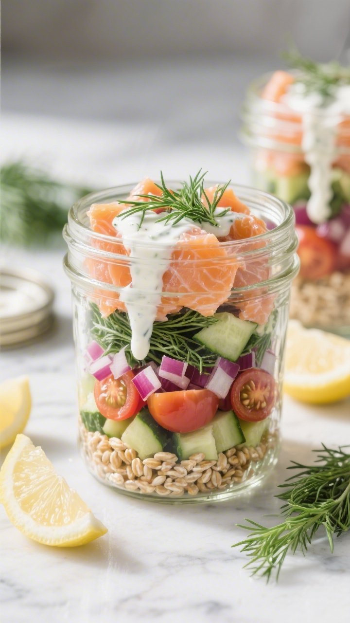 Straight-on layered salad jars: Salmon, Farro, and Dill-Greek Salad packed in clear mason jars showing distinct layers—chewy farro at the base, diced cucumber, halved cherry tomatoes, finely diced red onion, generous flakes of cooked salmon, and a dill-studded Greek yogurt dressing ribboning through. Extra dill fronds and lemon wedges around, cool daylight and a light marble surface emphasizing freshness and Mediterranean vibes.