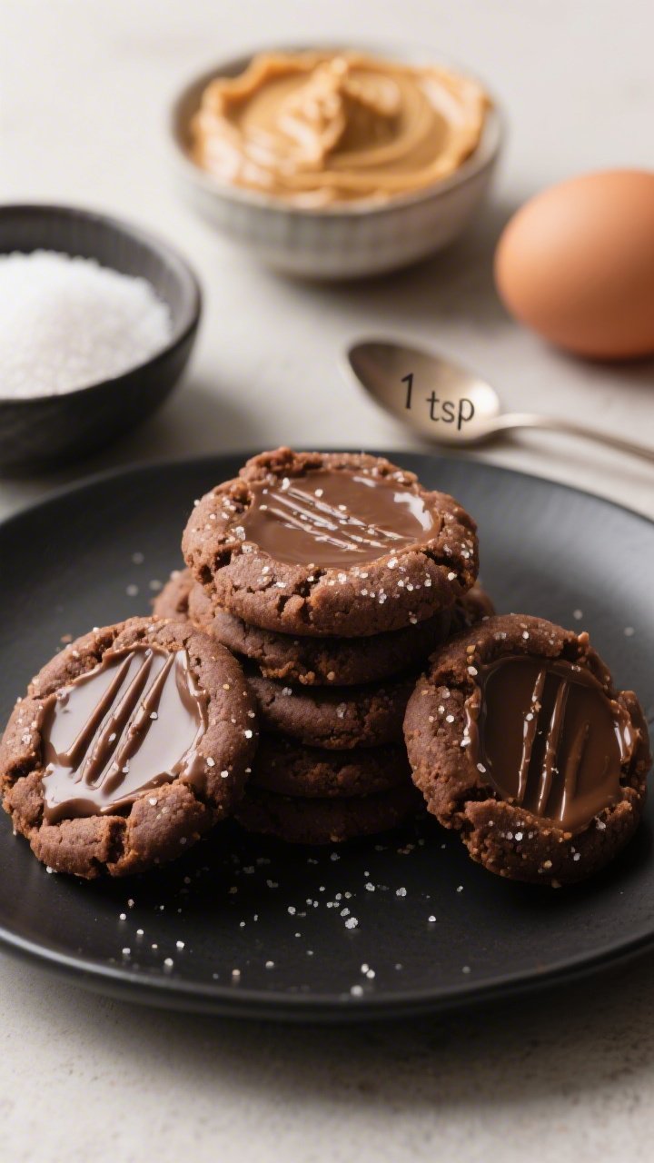 Straight-on macro shot of Flourless Fudge-Soft Peanut Butter Cookies (gluten-free) piled on a matte black plate, ultra-dense and gooey centers with a crisscross fork imprint faintly visible, speckled with fine sugar; include bowls of creamy peanut butter (stirred smooth; not natural), granulated sugar, light brown sugar, 1 egg plus 1 yolk, and a small spoon marked “1 tsp” vanilla in the background; clean minimal setup, rich warm tones, shallow depth of field to highlight fudge-soft crumb and glossy peanut butter sheen.