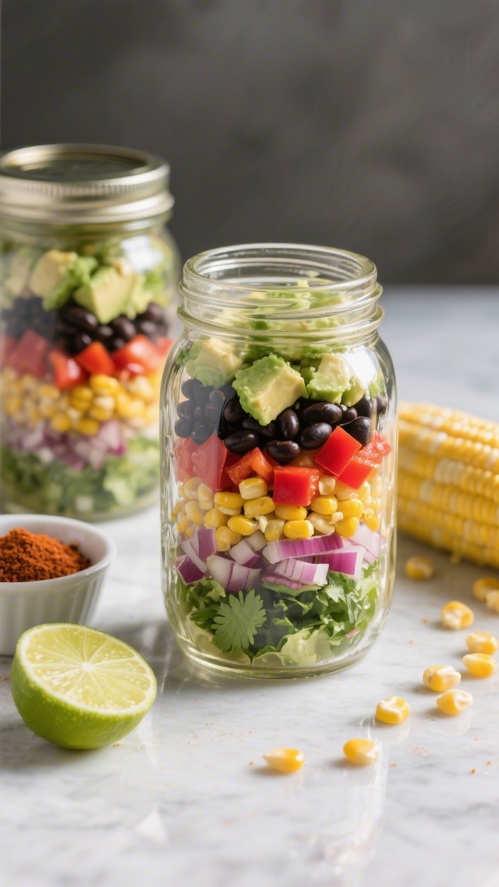Straight-on mason jar salad layering shot: smoky corn, black beans, diced red bell pepper, minced red onion, and creamy diced avocado stacked in distinct bands inside a clear jar; cilantro-lime dressing pooled at the bottom for shake-and-serve; a second jar sealed and ready for a picnic; props include lime halves, a small bowl of smoked paprika, and scattered corn kernels; crisp textures and saturated colors, reflective highlights on glass.