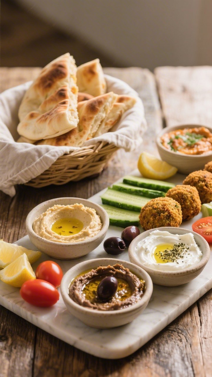 Straight-on mezze board that evokes a Mediterranean morning: warmed pita wedges stacked in a linen-lined basket; swooshed bowls of classic hummus, whipped feta/labneh with olive oil and za’atar, and smoky baba ghanoush; a neat row of golden falafel. Add cucumber spears, cherry tomatoes, kalamata olives, lemon wedges, and a drizzle of olive oil for sheen. Neutral ceramic serveware on a rustic wooden table, soft natural light from the side highlighting dips’ creamy textures and falafel’s crunchy exterior.