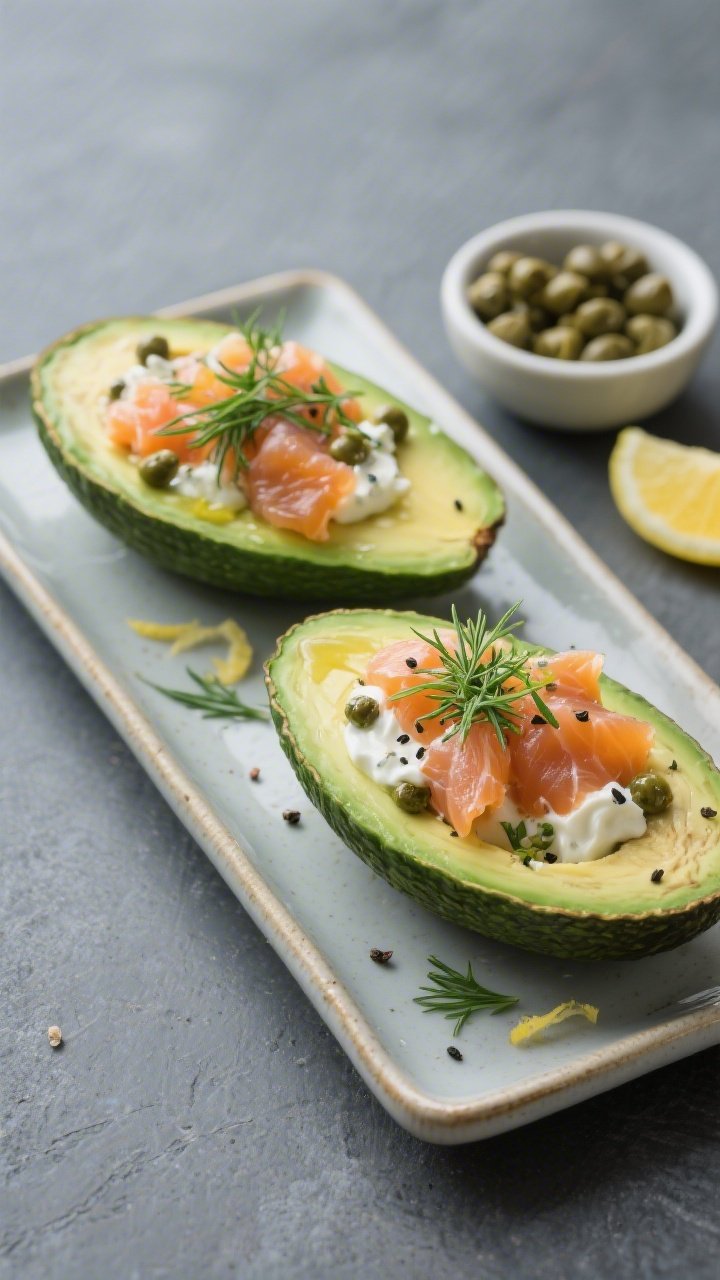 Straight-on minimalist composition of smoked salmon avocado boats on a small rectangular ceramic platter: ripe avocado halves filled with a mix of chopped smoked salmon, Greek yogurt, lemon juice, and finely chopped capers; sprinkled with fresh chopped dill for herby crunch, cracked black pepper, and a whisper of lemon zest; tiny bowl of capers and a lemon wedge off to the side, cool slate background, glossy salmon against velvety avocado, precise, restaurant-style plating.