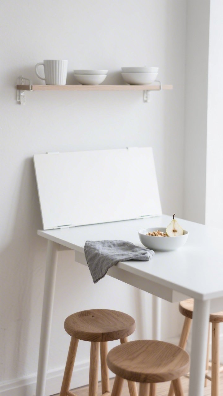 Straight-on minimalist scene of a Scandinavian drop-leaf table set for a calm morning bite: wall-mounted drop-leaf folded halfway, paired with 2–3 ash or beech wood stools, a slim wall shelf above holding white mugs and shallow bowls. On the table, a simple bowl of yogurt with pale granola and sliced pear, plus a cool-gray linen napkin; palette in white, pale oak, and cool gray. Clean lines, negative space, soft diffused light, modern Nordic mood.