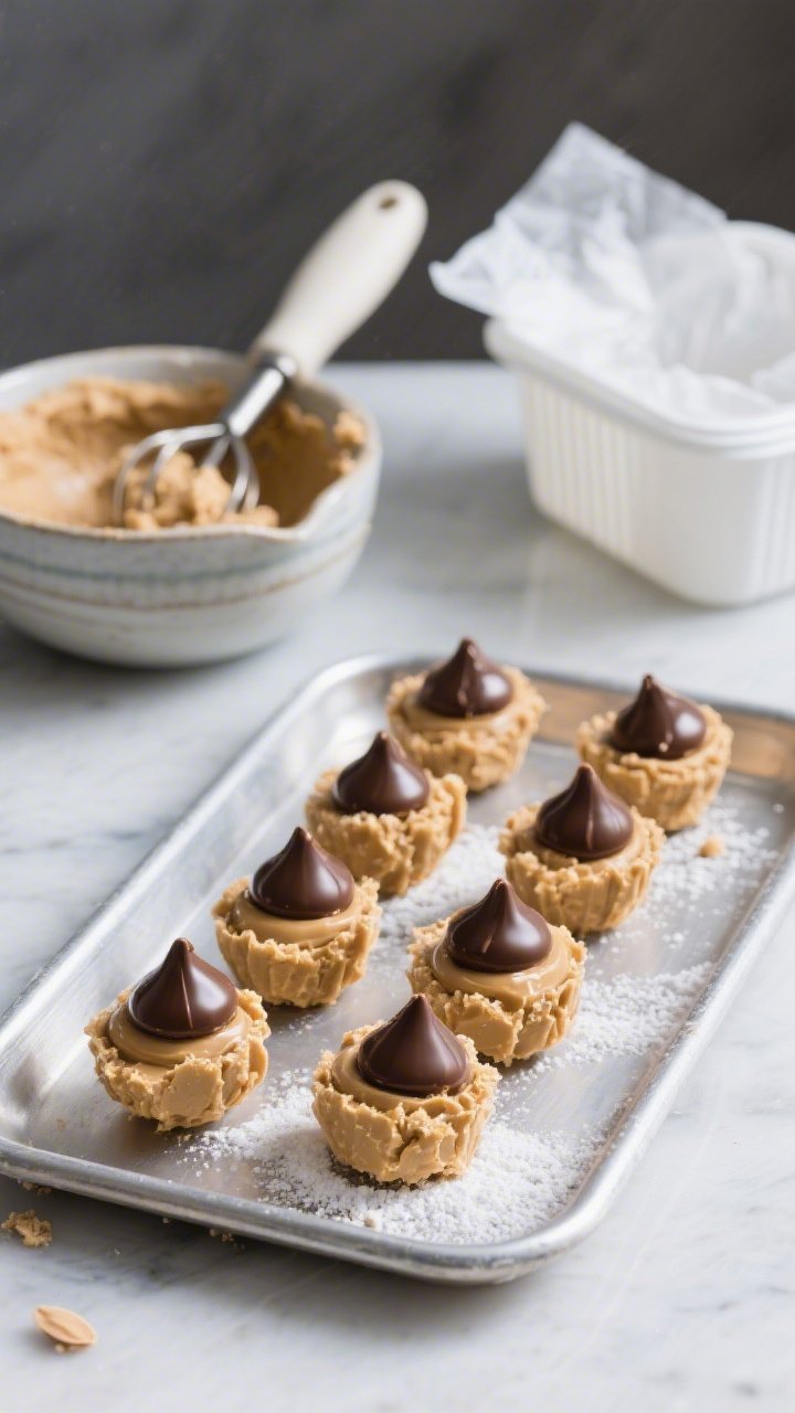 Straight-on no-bake peanut butter blossom bites displayed on a chilled metal tray: round peanut butter bite bases made from creamy peanut butter, melted butter, powdered sugar, and fine almond flour, each topped with a shiny chocolate kiss; a mixing bowl with dough, a cookie scoop, and a freezer-friendly parchment-lined container in the background; cool, clean lighting to emphasize smooth, truffle-like texture and freezer-ready ease.