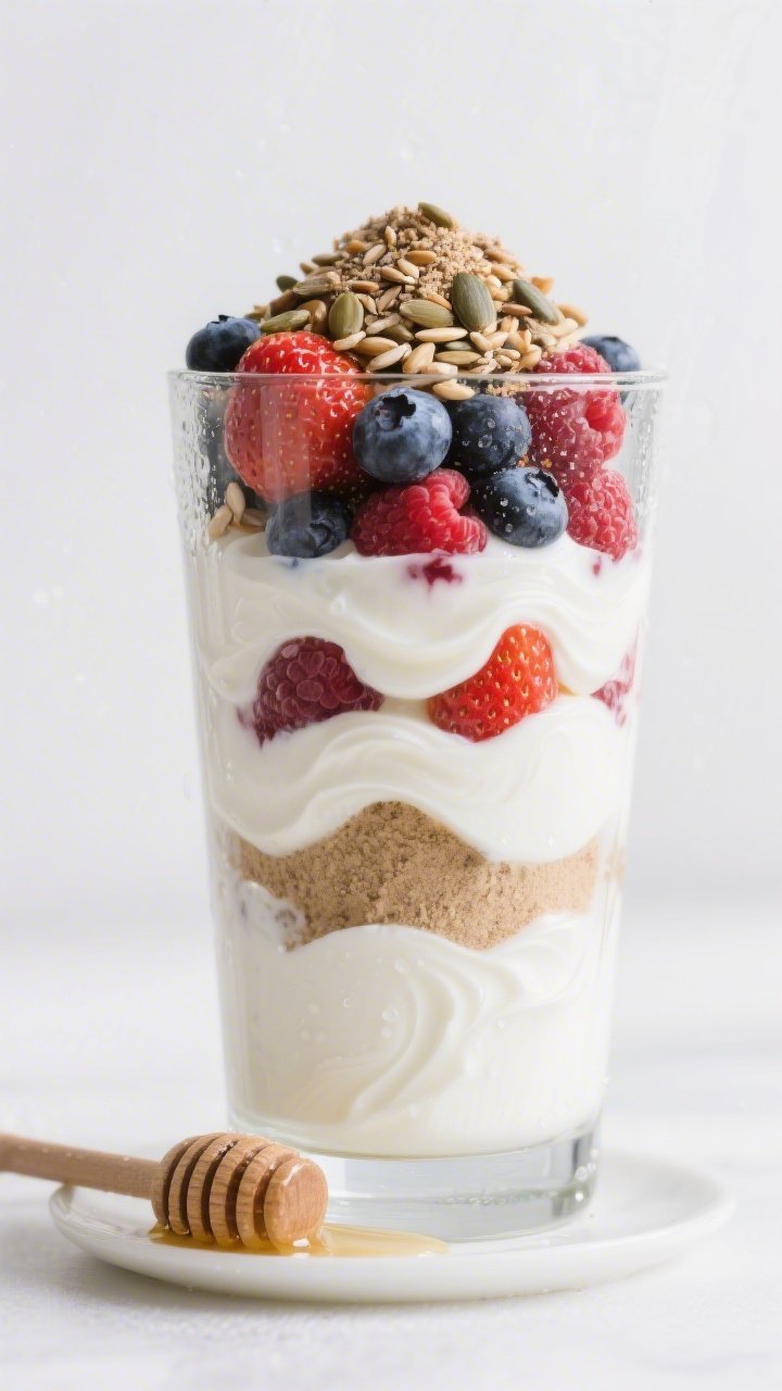 Straight-on parfait close-up of a Greek Yogurt Protein Parfait With Seedy Crunch: a tall clear glass layered with thick plain Greek yogurt (2% or 5%), lightly whisked with vanilla or unflavored protein powder, swirls of mixed berries (strawberries, blueberries, raspberries) bleeding their juices, topped with a crunchy sprinkle of ground flaxseed and mixed seeds; a honey dipper resting on a small dish with a faint drizzle on top, condensation on the glass hinting at chill, clean white background for a bright, protein-packed finish.