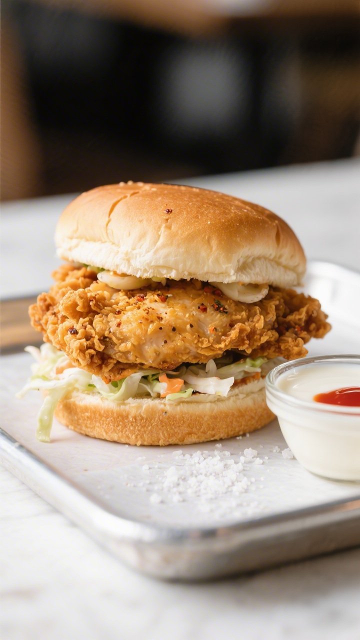 Straight-on plated buttermilk fried chicken sandwich: ultra-craggy, golden fried chicken breast with visible spice flecks (garlic and onion powder), stacked on a soft toasted bun with crunchy slaw peeking out. A small glass dish of buttermilk with a dash of hot sauce beside it, and a dusting of kosher salt on the surface. The sandwich sits on parchment in a metal tray; crisp edges sharply in focus, background softly blurred. Bright, clean light for fast-casual energy.