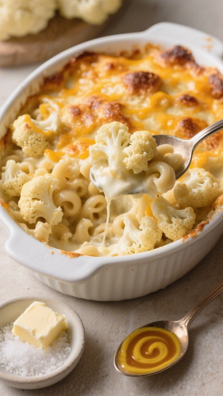 Straight-on plated comfort scene of a cheesy cauliflower “mac” bake in a white ceramic casserole: small cauliflower florets coated in a velvety sauce of butter, cream cheese, heavy cream, and Dijon mustard, with browned, bubbly cheese on top; a serving spoon lifting a portion to show creamy pull and tender florets; nearby props include a small dish of kosher salt used for boiling, pats of butter, and a swirl of Dijon on a spoon; warm, cozy light emphasizing golden, creamy textures.
