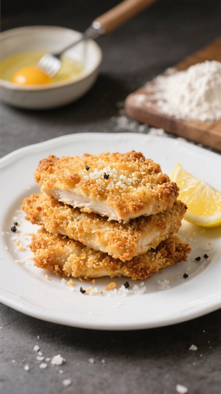 Straight-on plated crunch portrait: crispy baked Parmesan chicken cutlets stacked on a white plate, ultra-craggy breadcrumb-Parmesan crust catching the light. A squeeze of lemon on the side, fine shower of kosher salt and cracked black pepper on top. In the background, shallow depth of field reveals prep elements: a bowl of beaten eggs with a fork, a small mound of all-purpose flour dusted on a board. No frying equipment visible to reinforce no-fry bake; golden-brown hues and sharp contrast highlight the shatter-crisp coating.