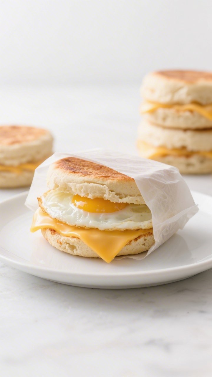 Straight-on plated final: a classic freezer-friendly egg and cheese English muffin, stacked neatly and wrapped halfway in parchment for a “better than drive-thru” vibe. Show a fluffy folded egg, melted American or cheddar cheese draping, and a perfectly toasted English muffin with nooks and crannies. Include a small stack of identical wrapped sandwiches in soft focus behind to imply batch prep. Bright, clean studio light; minimal props; emphasis on convenience and craveable melt.