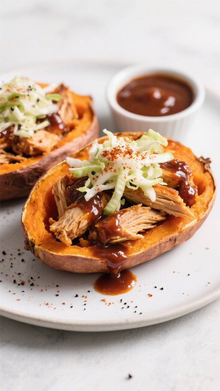 Straight-on plated presentation: BBQ chicken stuffed sweet potatoes split open with fluffy orange interiors, piled high with juicy shredded chicken tossed in glossy BBQ sauce, finished with a tangy vinegar-kissed slaw on top; extra drizzle of BBQ, sprinkle of smoked paprika and black pepper; served on a matte white plate with a small bowl of extra sauce behind; bold colors, family-style comfort.