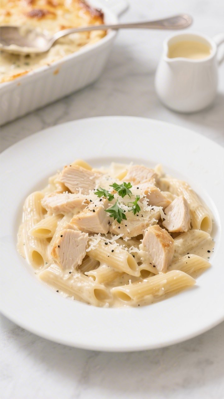 Straight-on plated presentation of a creamy chicken Alfredo bake that feels light: short pasta (penne/rigatoni) coated in a silky, not-too-heavy Alfredo sauce, tender cubes of chicken breast throughout, a faint golden top with minimal browning, freshly cracked black pepper and a light snowfall of Parmesan; garnish with chopped parsley for lift; background includes a casserole dish with a serving spoon and a small pitcher of sauce, clean white plateware, soft daylight.