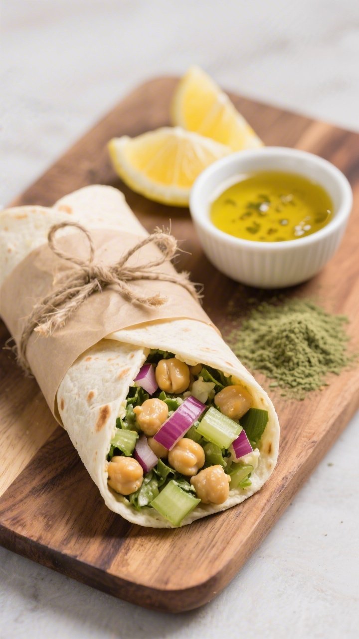 Straight-on plated presentation of a Lemon-Garlic Moringa Chickpea Salad Wrap: a halved wrap on a wooden board showing the filling—chickpeas tossed with olive oil, lemon juice, Dijon mustard, moringa powder, finely diced celery, and red onion; a small ramekin of extra lemon-garlic dressing for drizzling, lemon wedges, and a dusting of moringa; tight, tidy roll with visible creamy, zesty texture, travel-friendly vibe with parchment wrap and twine