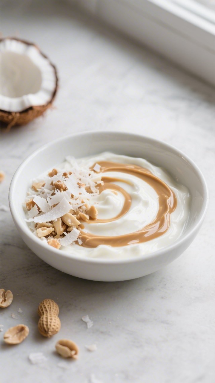 Straight-on plated presentation of a peanut butter–coconut yogurt bowl in a matte white shallow bowl: full-fat Greek yogurt swirled with a ribbon of natural peanut butter, topped with unsweetened shredded coconut and chopped peanuts, a few coconut flakes scattered on the table, creamy, thick texture emphasized, cool neutral backdrop, soft window light for a dessert-like, indulgent keto vibe