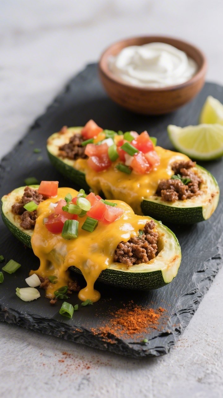 Straight-on plated presentation of cheesy taco zucchini boats on a slate board: halved zucchini hollowed and filled with seasoned ground beef (chili powder, cumin, smoked paprika, oregano, garlic), blanketed with melted cheese, sprinkled with diced tomatoes and green onions; a small bowl of sour cream and lime wedges nearby; vibrant, craveable, with glossy cheese pull.