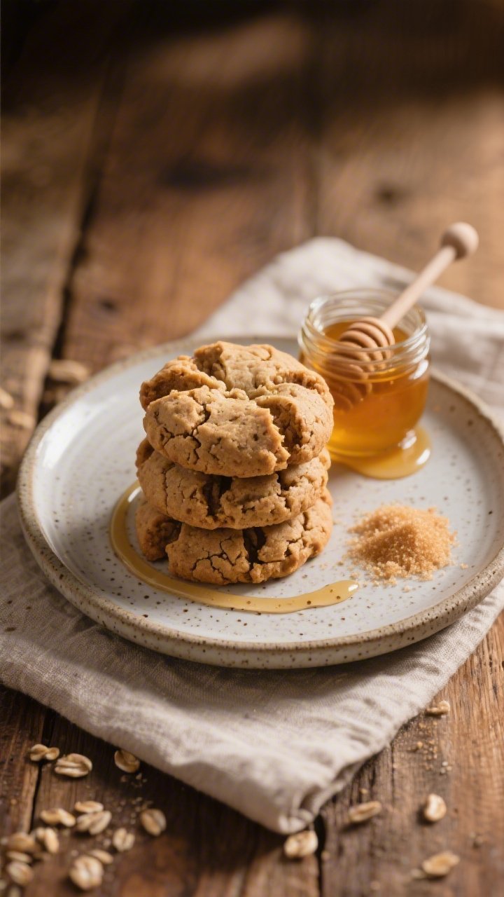 Straight-on plated presentation of chewy whole wheat peanut butter blossoms sweetened with honey: cookies stacked on a stoneware plate with visible whole-wheat speckling, a ribbon of honey in a tiny jar with a dribble on the plate edge, and light brown sugar crystals catching the light; warm, rustic mood on a wooden table, soft linen napkin, gentle side lighting emphasizing chewy centers and crackled tops.