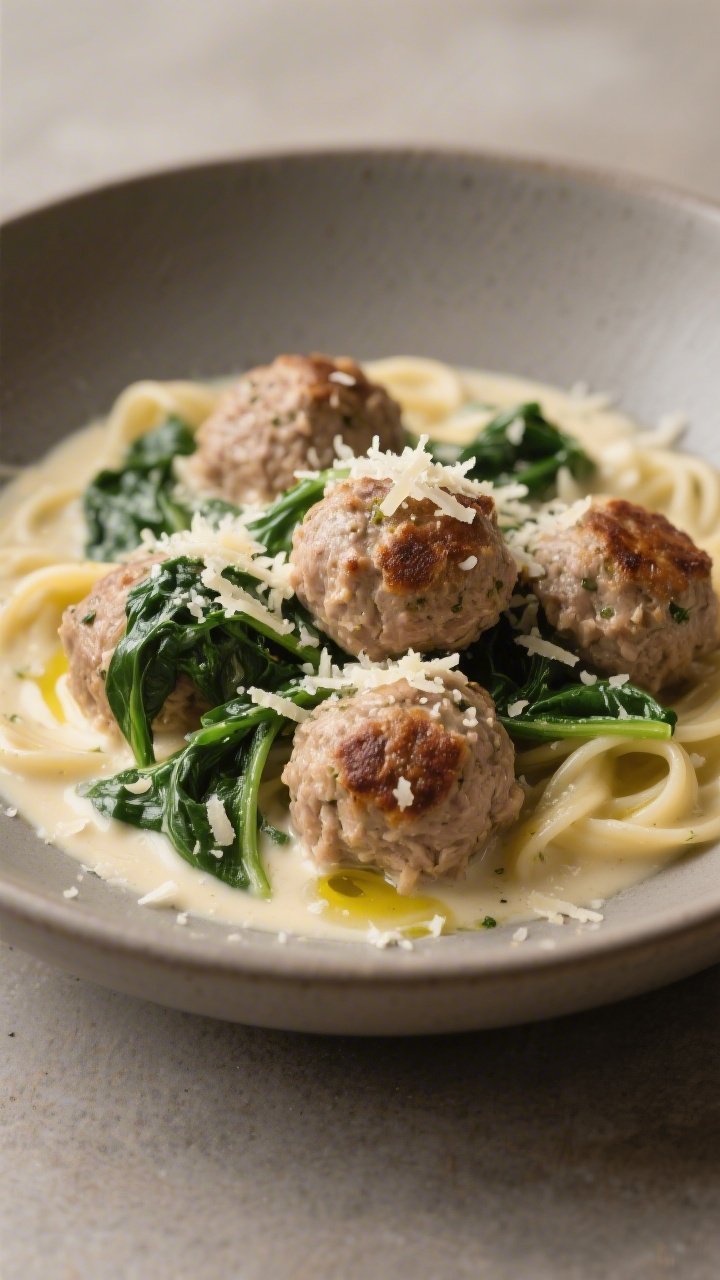 Straight-on plated presentation of Creamy Turkey Meatballs in Spinach Alfredo: tender turkey meatballs (ground turkey mixed with Parmesan, egg, Italian seasoning, garlic powder, salt, pepper) nestled in a silky Alfredo-style sauce with wilted spinach, finished with a drizzle of olive oil. The meatballs show browned edges and specks of Parmesan; the sauce clings luxuriously. Served in a wide, warm-gray bowl with extra grated Parmesan sprinkled over. Neutral moody lighting to emphasize creaminess and texture, shallow depth of field, no people.