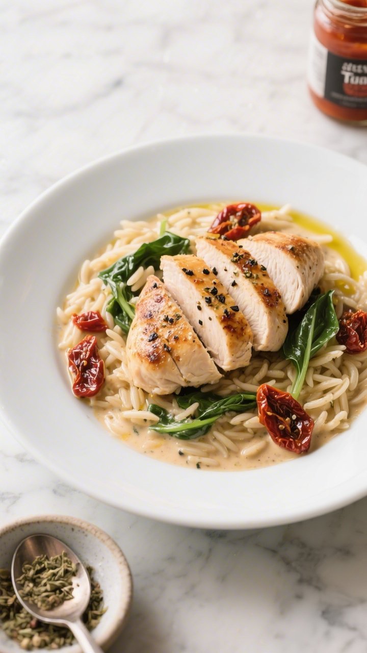 Straight-on, plated presentation of creamy Tuscan chicken: seared boneless chicken breasts sliced and fanned over silky orzo coated in a sun-dried tomato and Italian seasoning cream sauce; flecks of black pepper and ribbons of spinach or basil, chopped sun-dried tomatoes glistening from olive oil; a drizzle of oil from the sun-dried tomato jar around the rim; served in a shallow white bowl on a marble surface with a small dish of Italian seasoning and a spoon resting in the sauce; warm, inviting tones.
