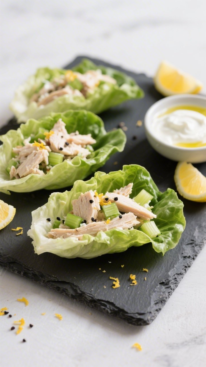 Straight-on plated presentation of Greek Yogurt Chicken Salad Lettuce Wraps: crisp romaine or butter lettuce cups filled with chopped or shredded chicken bound with plain 2% Greek yogurt, a touch of olive oil, lemon juice, Dijon mustard, and finely diced celery; garnished with black pepper and lemon zest; arranged on a slate board with a small bowl of the creamy mixture and lemon wedges; clean, bright, meal-prep vibe.