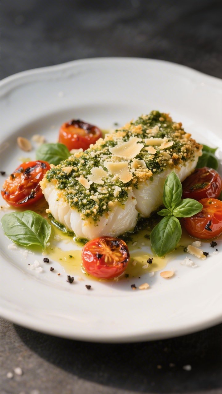 Straight-on plated presentation of pesto-baked cod with Parmesan crust and cherry tomatoes: flaky white cod fillets coated in a vibrant basil pesto, topped with a golden Parmesan–almond flour crust, edges crisp; burst, blistered cherry tomatoes tossed with a touch of olive oil scattered around; sea salt and black pepper visible on the surface; served on a white ceramic plate with a few fresh basil leaves; directional light to showcase crust texture and juicy tomatoes.