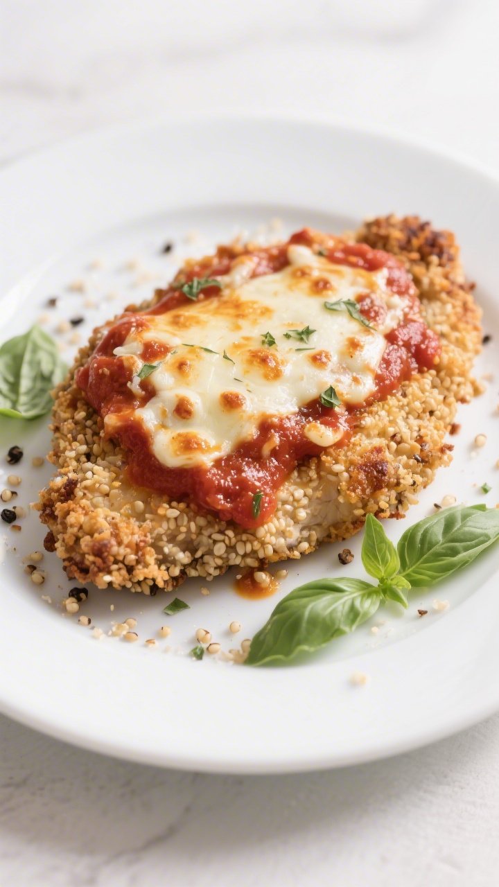Straight-on plated presentation of quinoa-crusted chicken Parm (baked): cutlets coated in a crunchy mix of cooked, dried quinoa and panko with garlic powder, dried oregano, black pepper, and a touch of salt, baked to a toasty golden crust; topped with a vibrant marinara and molten mozzarella-Parmesan blend, finished under the broiler for bronzed bubbles; served on a simple white plate with a scatter of fresh basil, crumbs visible on the rim to emphasize texture.