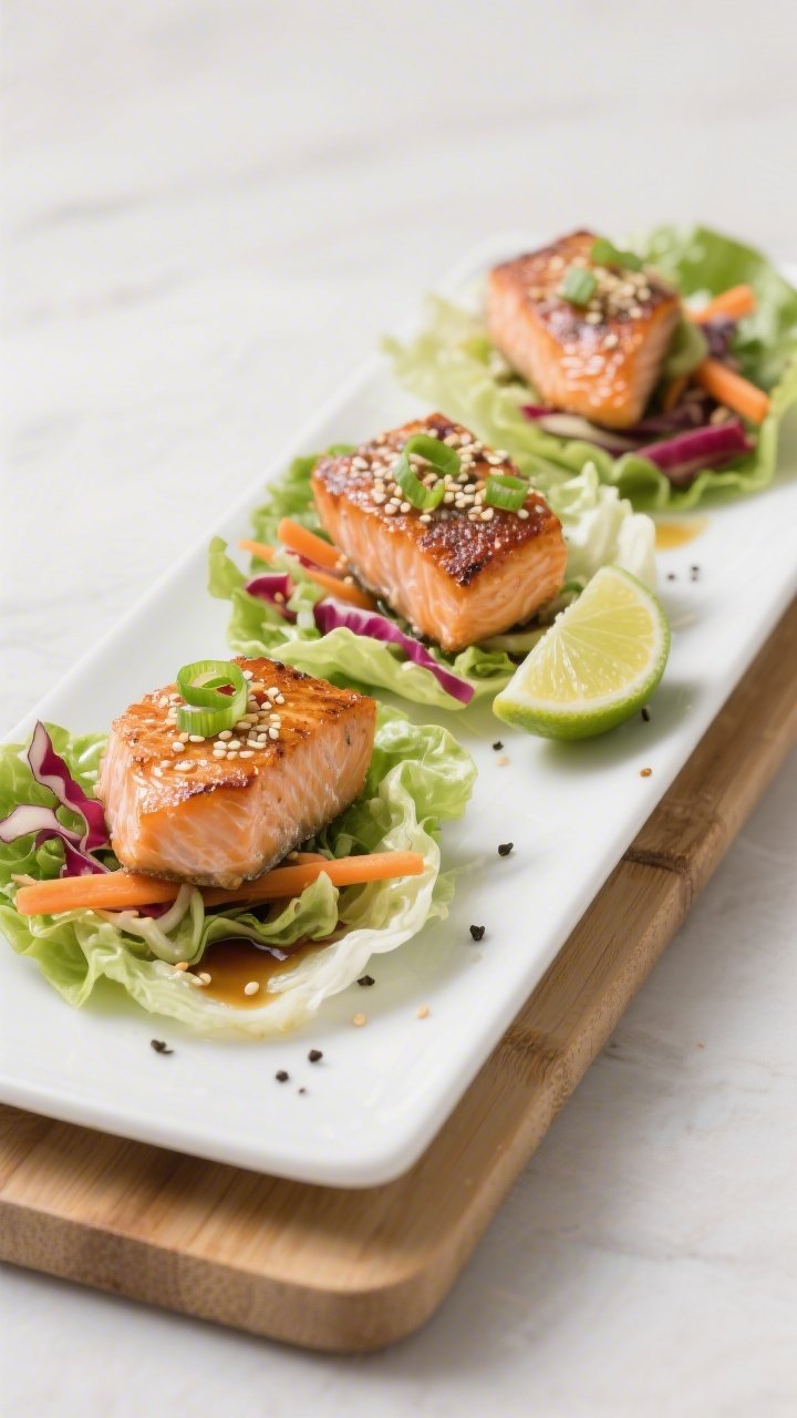 Straight-on plated presentation of Sesame-Ginger Salmon Lettuce Wraps: seared salmon fillet (skin-on, crisped) flaked into glossy chunks, nestled in butter lettuce cups with a crunchy slaw of shredded green and red cabbage and matchstick carrots, lightly tossed with a sesame-ginger dressing; garnished with toasted sesame seeds, thinly sliced green onion, and a squeeze-ready lime wedge; avocado oil sheen visible, sea salt and black pepper specks on salmon, arranged on a long white platter over a bamboo board, clean minimal Asian-inspired styling.