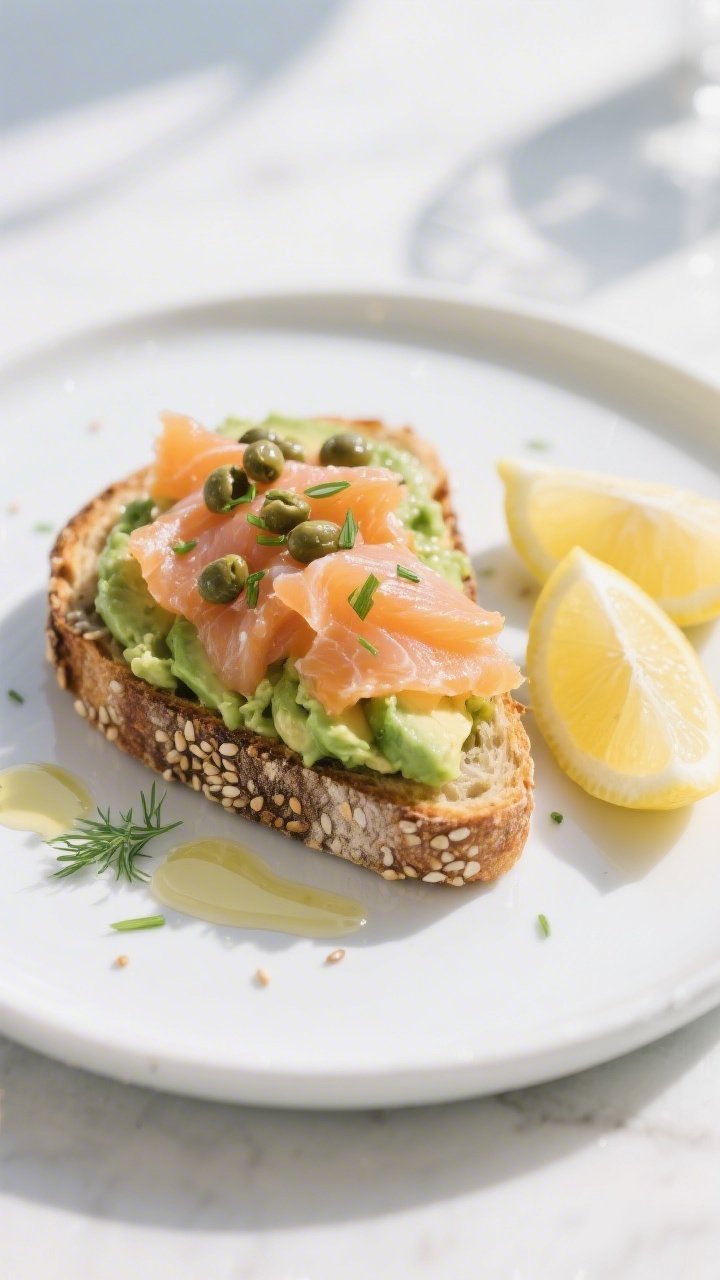 Straight-on plated presentation of smoked salmon avocado toast on seeded sourdough: thick toast topped with smashed ripe avocado, silky folds of smoked salmon, capers, a light drizzle of olive oil, and a squeeze of lemon with extra wedges on the side; sprinkle of fresh herb flecks (dill or chives) for lemon-herb crunch feel; served on a modern white plate with visible seed crumb detail, bright daylight, clean coastal brunch mood, no people.
