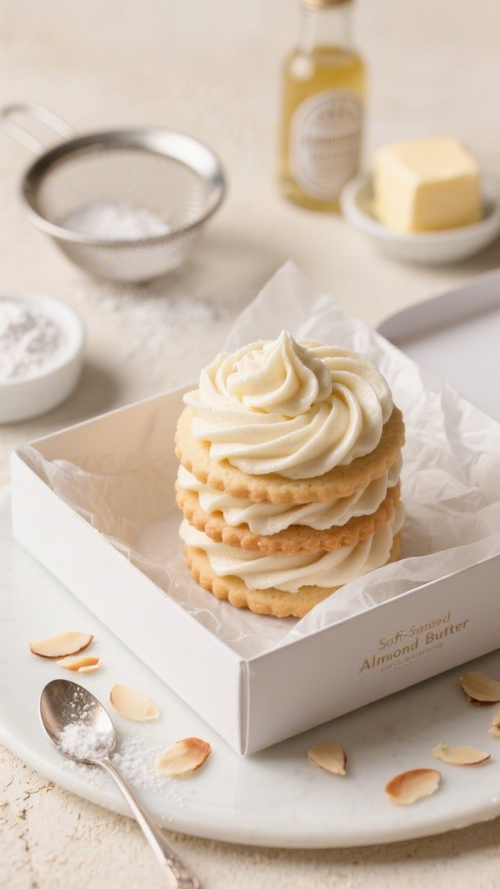 Straight-on plated presentation of Soft-Set Almond Buttercream piped in soft ruffles on stacked sugar cookies that look like a fancy bakery box selection: pale almond-tinted swirls with a tender set. Include styling elements: a small dish of cornstarch, a spoon with vegetable shortening, sifted powdered sugar in a sieve, a bottle of almond extract, and softened butter. Place cookies in a white bakery box with tissue paper, almond slivers scattered sparingly. Warm neutral tones, crisp shadows for structure.