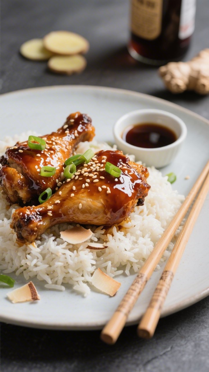 Straight-on plated presentation of Sticky Soy-Ginger Chicken over coconut rice: glossy chicken thighs lacquered with a soy sauce–honey glaze, rice vinegar tang, and fresh ginger, sprinkled with sesame seeds and sliced scallions; perched on fluffy coconut rice with visible coconut flakes; a small dish of extra glaze to the side, chopsticks resting, and a few thin ginger coins and rice vinegar bottle blurred in background; rich umami sheen, high gloss, dramatic side lighting.