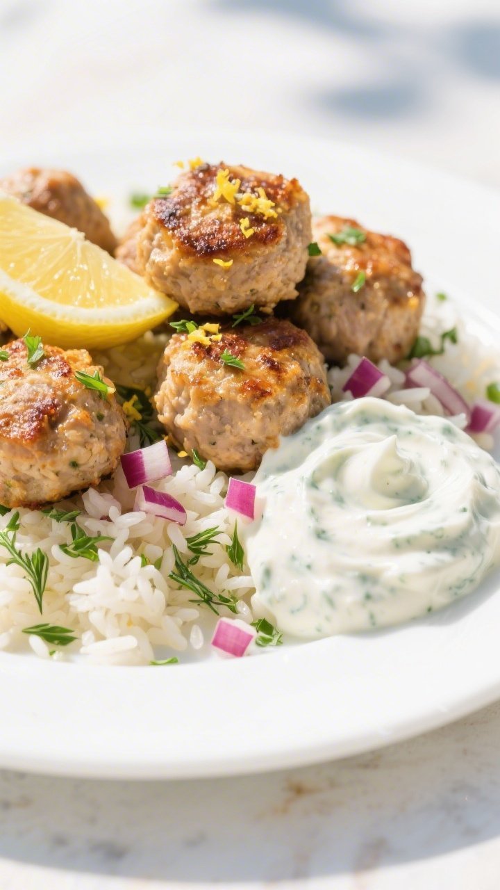 Straight-on plated presentation: sheet-pan Greek lemon chicken meatballs stacked over herby rice flecked with parsley and dill, with a generous dollop of tzatziki swirled alongside. Visible minced red onion and garlic in the meatballs, golden roasted exterior with lemon zest scattered on top. Lemon wedges and extra chopped herbs sprinkled, clean white plate against a sunlit Mediterranean backdrop, bright, inviting, and crisp.