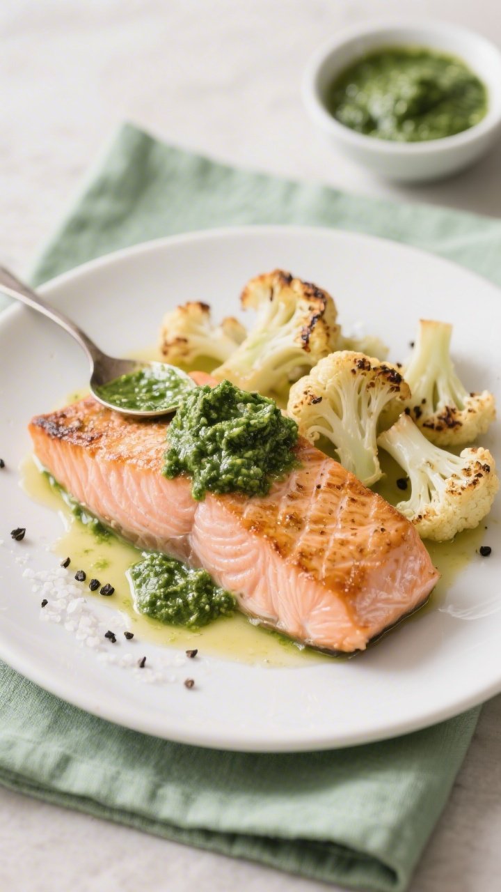 Straight-on plated shot of creamy pesto salmon: seared, skin-on salmon fillets with a generous spoon of basil pesto melting over the flaky pink fish, paired with roasted cauliflower florets lightly charred, glistening with olive oil; sea salt and black pepper sprinkled, a soft green napkin and a small bowl of extra pesto in the background for a clean, fresh Mediterranean mood.