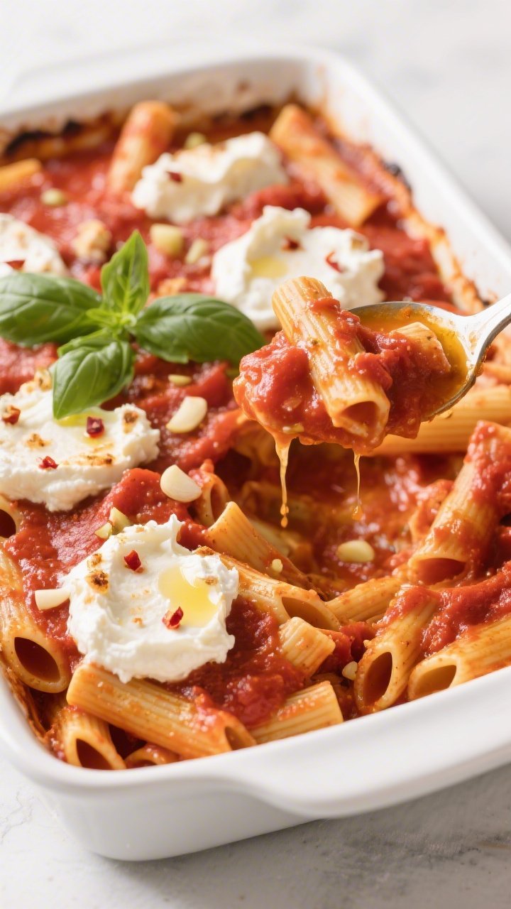 Straight-on plated shot of one-pot baked ziti with ricotta clouds: tubular pasta bathed in a deep red marinara and broth-reduced sauce, pockets of creamy ricotta dolloped on top, edges slightly browned; flecks of minced garlic and optional red pepper flakes visible; a glossy olive oil drizzle and torn basil leaves finishing; served in a white baking dish with a serving spoon lifting a scoop to reveal saucy stretch and al dente texture, family-style comfort.