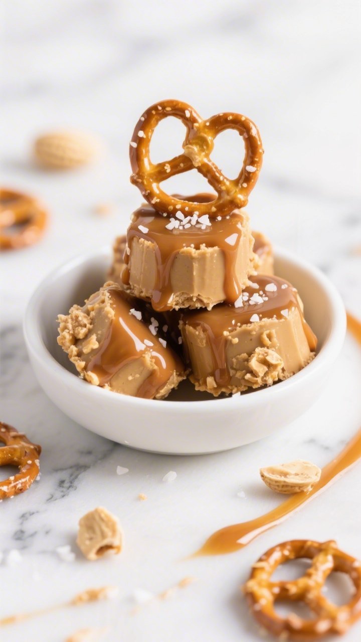 Straight-on plated shot of Salted Caramel Pretzel PB Bites stacked in a small white bowl: peanut butter and tahini “caramel” centers studded with bits of crunchy peanut butter, drizzled lightly with maple syrup and a hint of molasses gloss, each bite topped with a mini twisted pretzel and a sprinkle of flaky sea salt; scattered broken pretzels and a ribbon of maple on the marble surface; bright, party-ready vibe with punchy highlights emphasizing sweet-salty contrast.