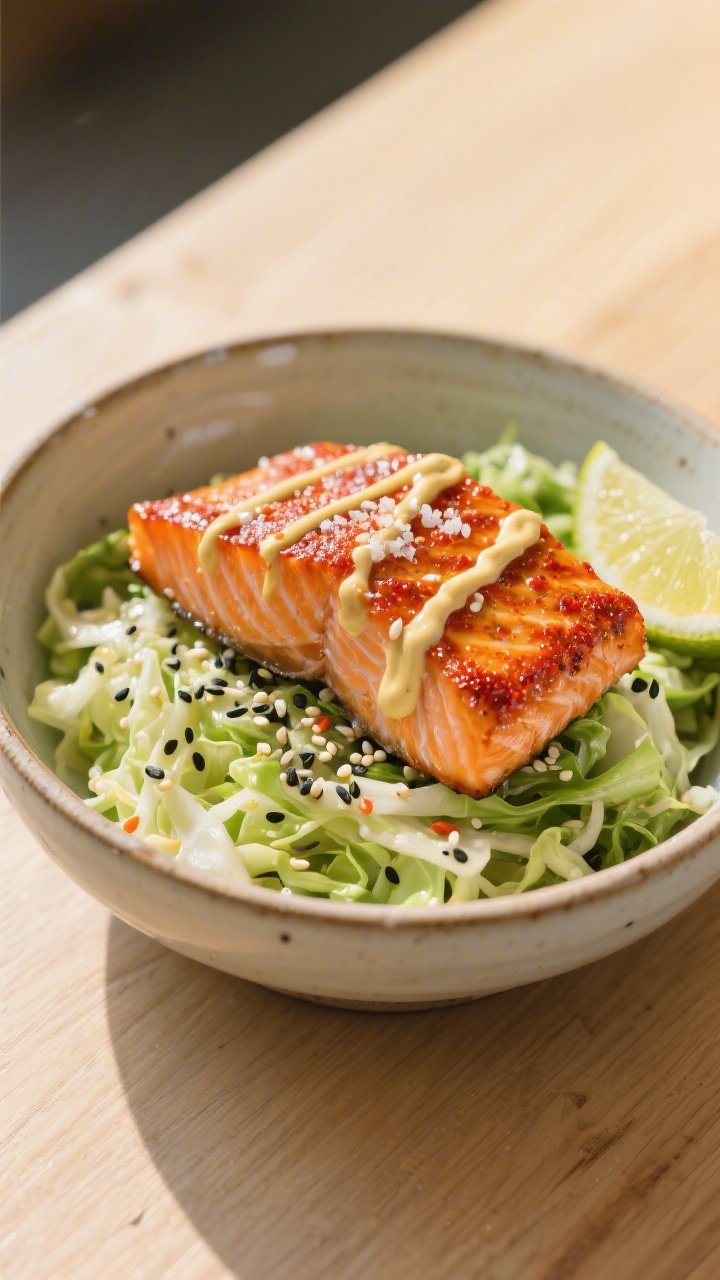 Straight-on plated spicy salmon bowl: lacquered salmon fillet with smoked paprika and cayenne char, flaky and juicy, set over a bed of sesame-dressed green/Napa cabbage slaw with crunchy shreds and black/white sesame seeds. A generous zigzag of chili mayo on top, lime wedge on the side, and a sprinkle of kosher salt and black pepper. Served in a ceramic bowl on a light wood table, bright natural light for freshness and color pop.