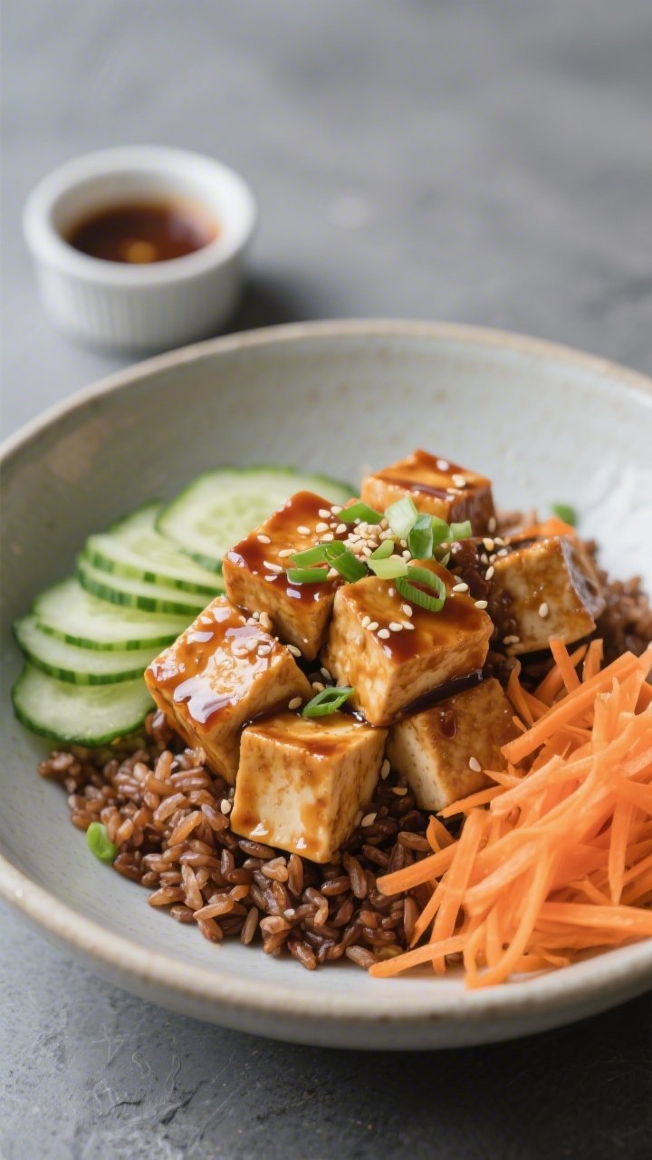 Straight-on plated tofu bowl: ginger-soy glazed tofu cubes (crisped with cornstarch) stacked over a bed of fluffy brown rice, with quick pickles (thinly sliced cucumbers) fanned on one side, a mound of shredded carrots on the other, glossy glaze pooling slightly, sesame seeds and scallions sprinkled on top, a small ramekin of extra sauce in frame, minimalist ceramic bowl on a matte slate surface, clean, modern styling