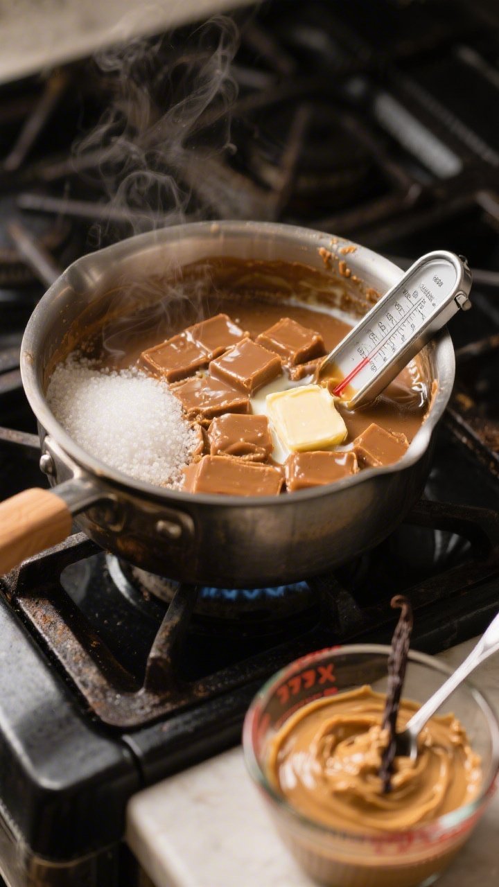 Straight-on, process-focused shot of Old-Fashioned Stovetop Fudge at soft-ball stage: a heavy-bottomed saucepan on the stove with a candy thermometer clipped to the side, bubbling mixture of granulated sugar, packed light brown sugar, evaporated milk, and unsalted butter developing a caramel hue. Nearby: a measured bowl of creamy peanut butter and a teaspoon of vanilla ready to stir in. Warm, nostalgic mood with rustic wooden spoon, gentle steam visible, selective focus on the thermometer and glossy surface.