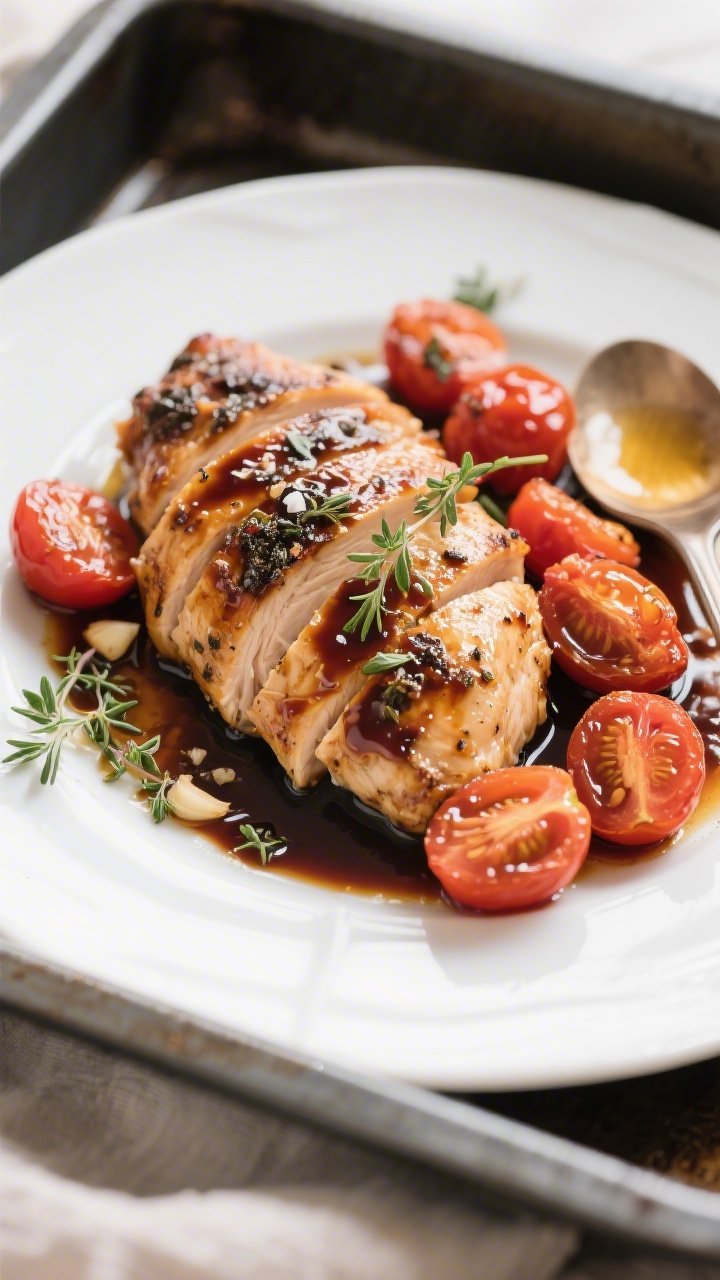 Straight-on roasting pan to plate transition: balsamic herb roast chicken breasts brushed with a mixture of balsamic vinegar, olive oil, honey, minced garlic, kosher salt, black pepper, and dried oregano; arranged with burst cherry tomatoes that have split and released juices into a sticky pan sauce; final plate shows sliced juicy chicken with glaze drips, tomatoes spooned over, a few oregano leaves scattered, clean white plate, natural daylight highlighting the glossy balsamic sheen.