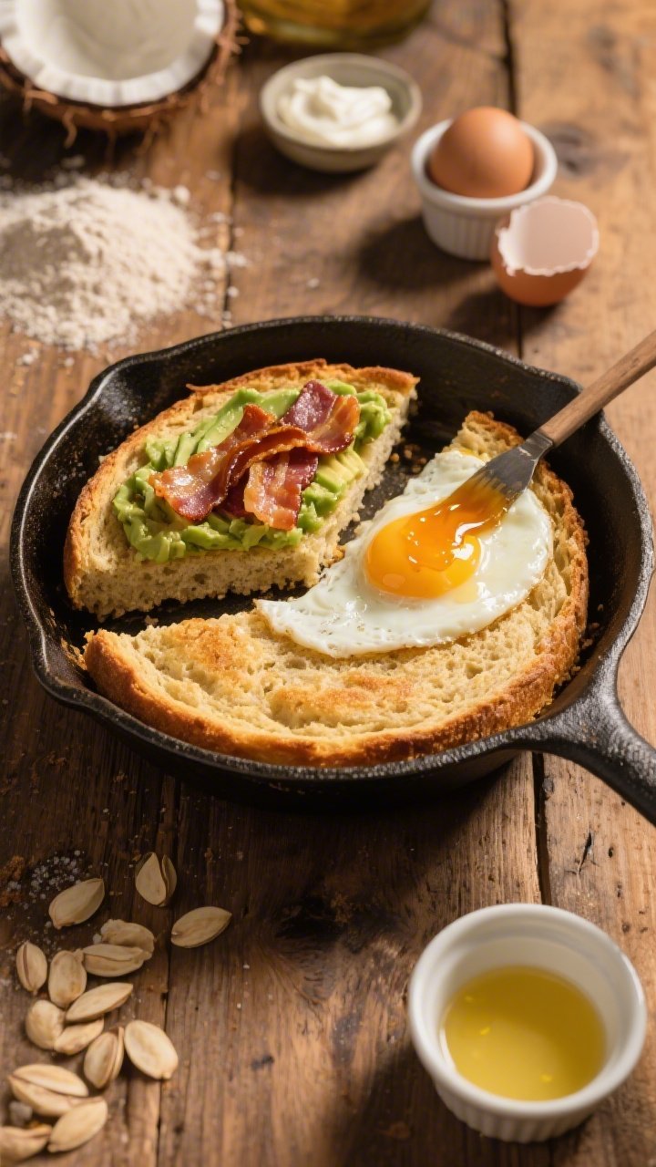 Straight-on, rustic skillet scene of almond flour bread baked golden in a cast-iron pan, a wedge cut and topped with lush avocado smash, crisp bacon strips, a sunny-side-up egg with runny yolk, and a brush of glistening hot honey butter melting over the crumb; surrounding elements include super-fine almond flour, coconut flour, baking powder, kosher salt, eggs, sour cream, and melted butter in small ramekins on a wooden table, warm morning light emphasizing hearty, comforting textures.
