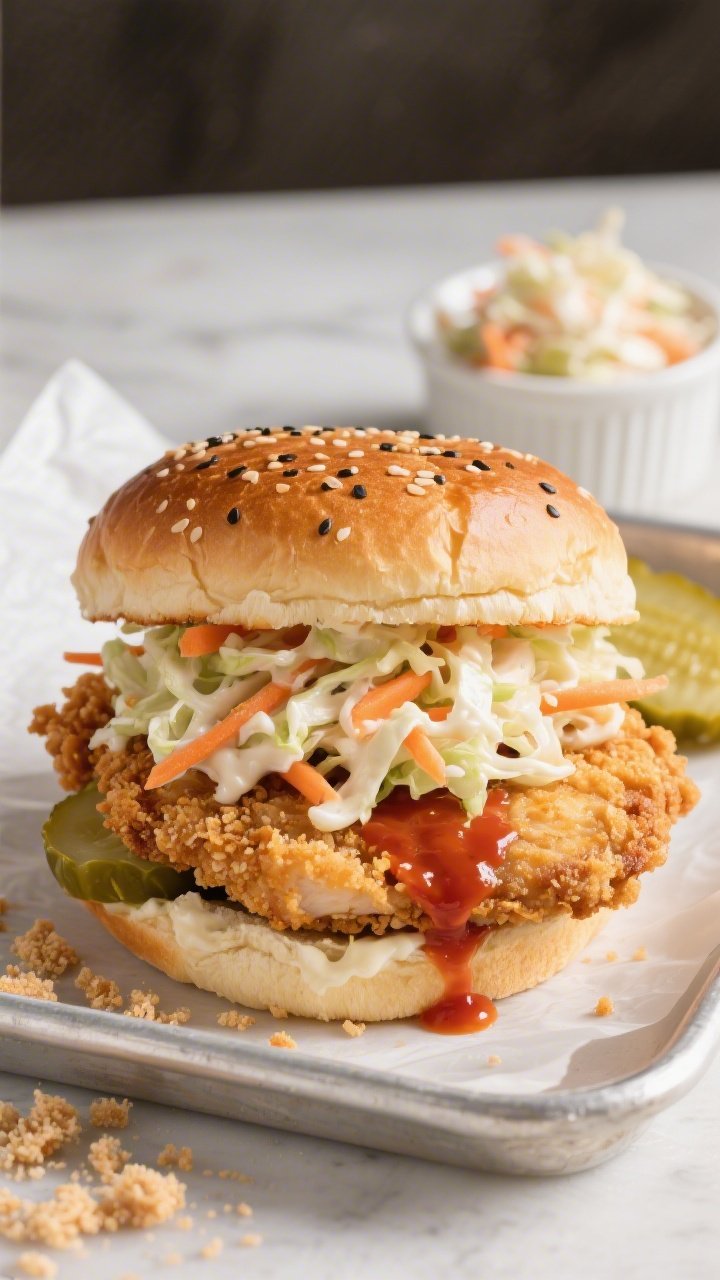 Straight-on sandwich hero shot: Juicy Buttermilk Oven-Fried Chicken Sandwich on a sesame brioche bun—craggy, oven-crisp panko crust on a chicken cutlet marinated in buttermilk and hot sauce, seasoned with kosher salt and black pepper; tangy slaw piled high (shredded cabbage, carrots, light mayo-vinegar sheen), pickles peeking out; a swipe of sauce on the top bun; parchment-lined tray with a few panko crumbs and a ramekin of slaw behind; bright, snappy lighting for crunch appeal.