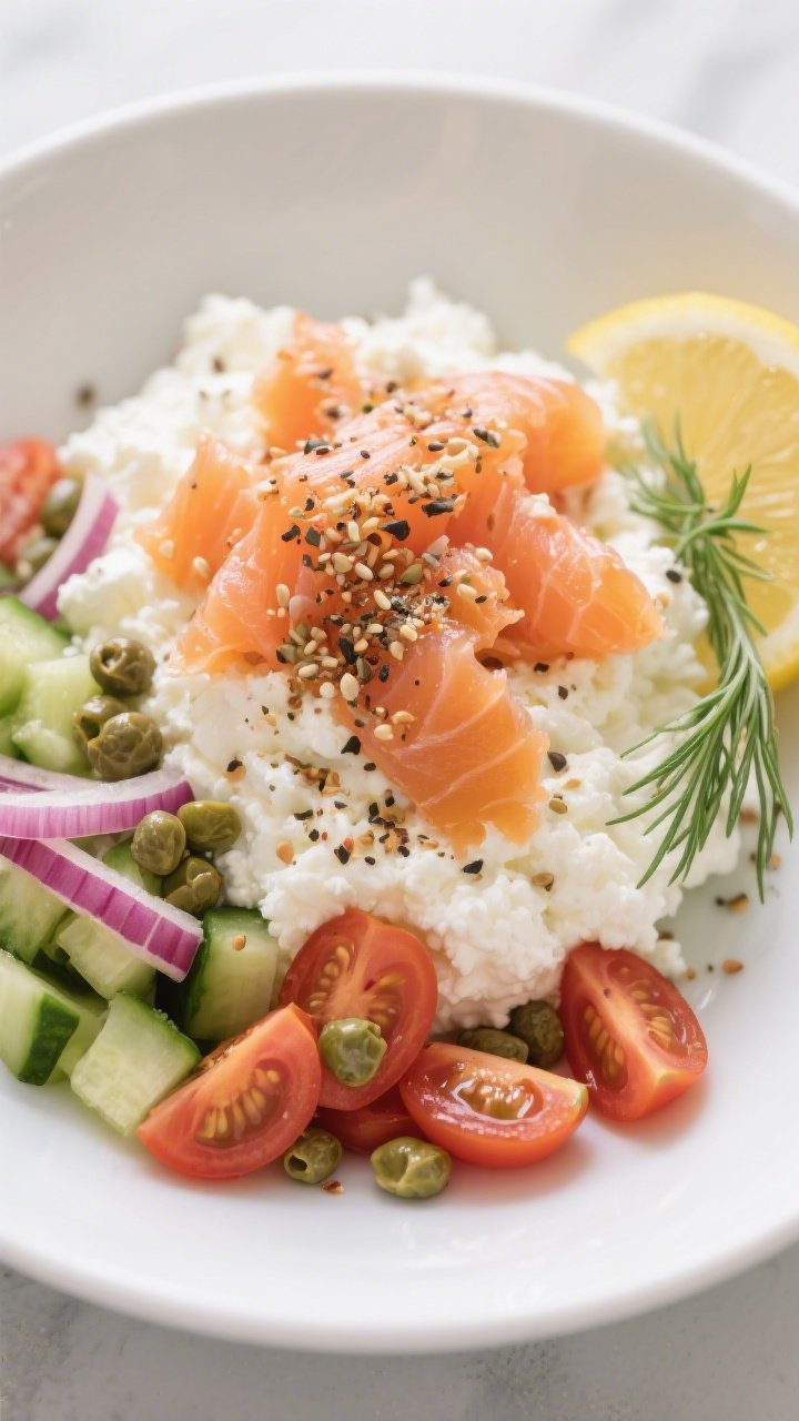 Straight-on, shallow-depth-of-field shot of a savory cottage cheese bowl: 1 cup low-fat cottage cheese mounded in a white bowl, topped with torn lox (2–3 ounces), 1/3 cup diced cucumber, halved cherry tomatoes, thinly sliced red onion, and briny capers; dusted generously with everything bagel seasoning; a lemon wedge and dill sprig on the side; cool, crisp tones emphasizing creamy curds, glossy salmon, and crunchy veg; modern brunch feel.