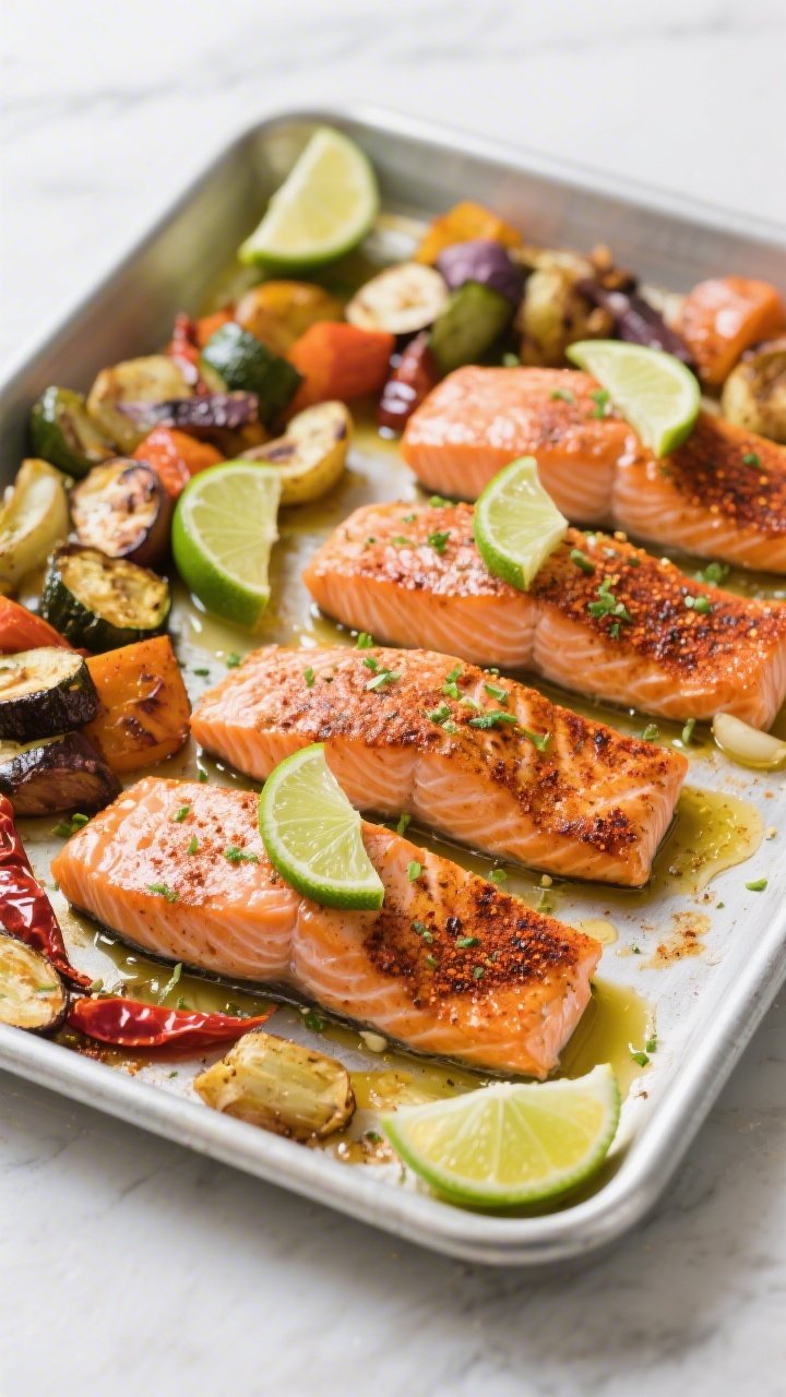 Straight-on sheet-pan dinner of chili-lime salmon with roasted veggies: four skin-on salmon fillets brushed with olive oil and seasoned with chili powder, smoked paprika, garlic powder, kosher salt, and black pepper, roasted until the edges are lightly charred; lime zest sprinkled on top with lime wedges ready for squeezing; assorted roasted vegetables glistening with the remaining olive oil on the same pan; clean, modern styling that emphasizes the coral salmon, charred spice crust, and bright green lime accents.