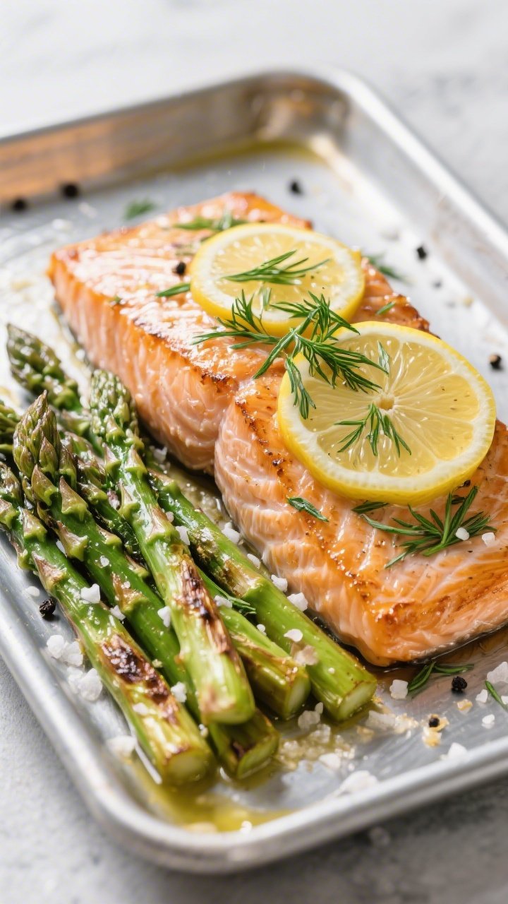 Straight-on sheet pan shot of Lemon-Dill Salmon With Crispy Asparagus: a glistening skin-on salmon fillet topped with fresh dill, lemon zest, and thin lemon slices, edges lightly caramelized; asparagus spears arranged alongside, blistered tips and sea-salt crystals visible; olive oil sheen, scattered black pepper; the metal sheet pan on a brushed metal surface for a clean, modern look; bright, airy light to emphasize freshness and the green-gold palette.