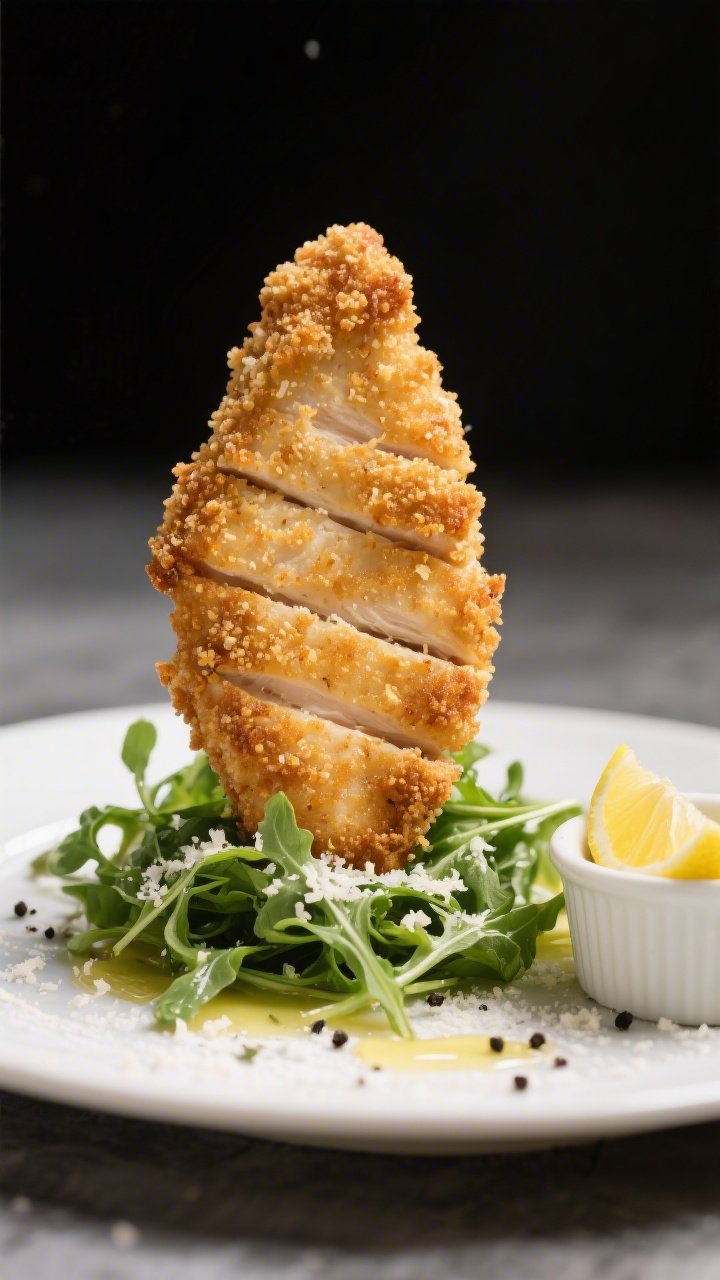 Straight-on shot of crispy Parmesan panko chicken cutlets with quick arugula salad: ultra-thin cutlets breaded in flour, beaten egg, and a Parmesan-panko mix, fried to a deep golden crunch; served upright against a small mound of peppery arugula lightly dressed with lemon and olive oil, flakes of sea salt and black pepper visible; side ramekin of lemon wedges; crisp, high-contrast lighting to emphasize texture.
