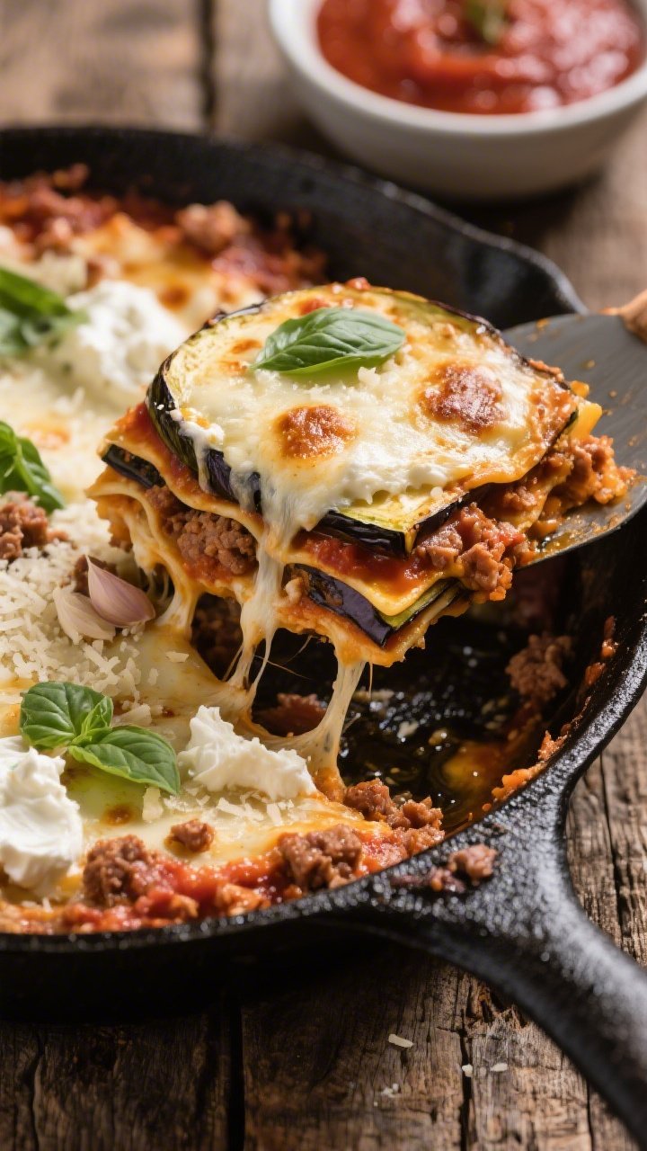 Straight-on skillet hero of Cheesy Eggplant Lasagna With Italian Sausage: a black cast-iron skillet layered with 1/4-inch eggplant planks, browned Italian sausage crumbles, low-sugar marinara, dollops of ricotta, melted mozzarella pull, and grated Parmesan, finished with torn fresh basil; garlic aroma implied by visible minced garlic bits in the sauce, olive oil sheen along the edges, bubbling cheese with browned spots; a serving spatula lifting a cheesy portion to showcase layers, set on a rustic wooden surface with a small bowl of extra marinara.
