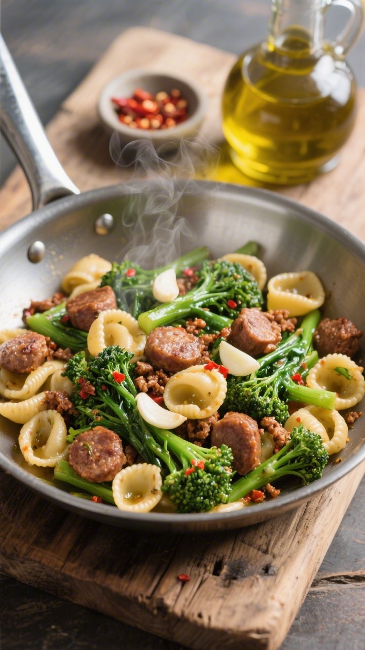 Straight-on skillet scene of Speedy Sausage Orecchiette With Broccoli Rabe: browned crumbles of Italian sausage nestled in the cupped orecchiette, vibrant broccoli rabe pieces just-tender and emerald, thin slices of sautéed garlic glistening in olive oil, a pinch of red pepper flakes; steam rising; set in a well-seasoned stainless pan on a rustic wooden board with a small dish of chili flakes and a bottle of olive oil; punchy, contrasty light to highlight savory-meets-bitter textures.