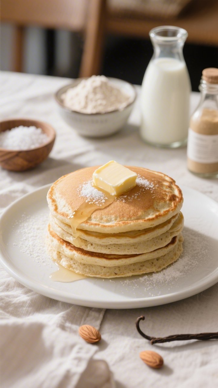 Straight-on stack of almond flour pancakes on a matte white plate, ultra-fluffy with delicate crumb; a pat of butter melting on top and a light dusting of powdered sweetener instead of syrup; ingredients subtly staged in the background: a small bowl of fine almond flour, coconut flour, a pinch bowl of baking powder and sea salt, a carafe of unsweetened almond milk, and a vanilla bottle; warm morning light, soft linens, bakery-cafe vibe, crisp detail.