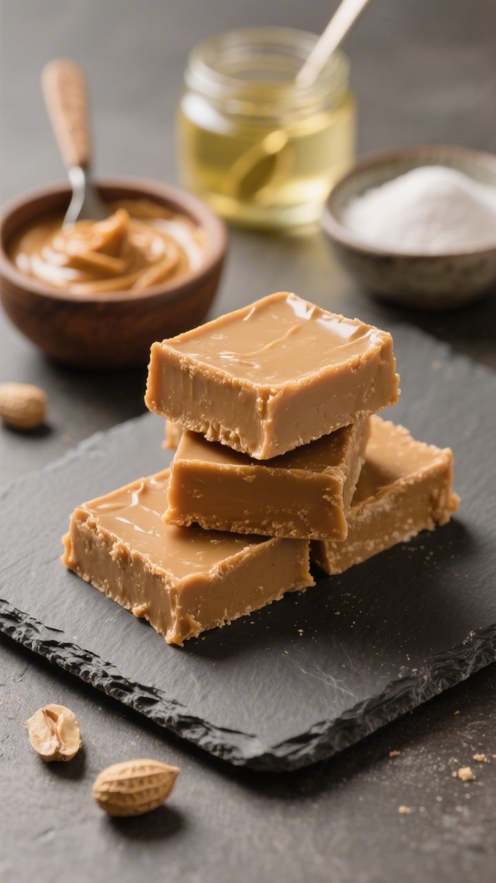 Straight-on, tight close-up of Two-Ingredient Peanut Butter Fudge squares stacked slightly askew on a matte slate, showcasing their dense, silky texture and glossy edges. Include a small bowl of natural peanut butter (well-stirred, smooth), a jar of coconut oil with a spoon, and optional powdered allulose in a pinch bowl in the background. Warm, cozy tones, soft side lighting to highlight creamy surfaces, visible cut marks to convey richness; minimal styling to emphasize the “dangerously easy” two-ingredient nature.