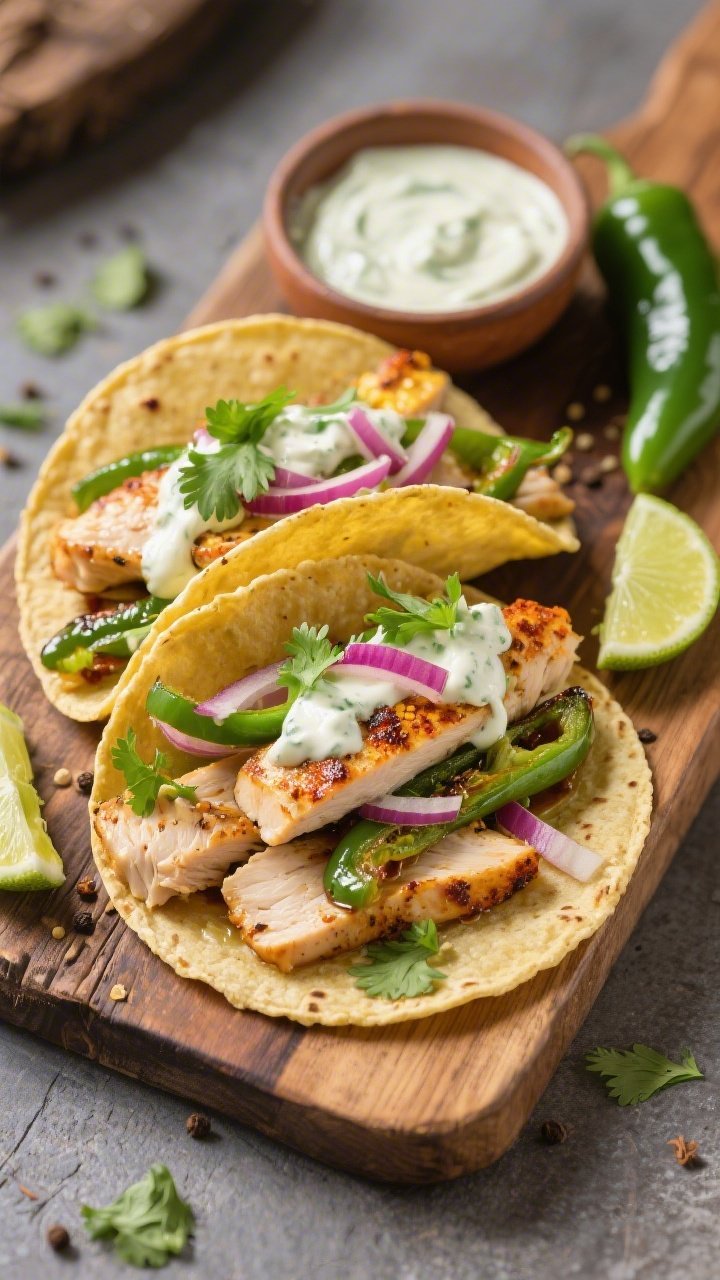 Street-taco style plated scene, 45-degree angle: creamy poblano-lime chicken tacos on warm corn tortillas, thinly sliced seared chicken seasoned with kosher salt, black pepper, chili powder, and cumin, sautéed in olive oil with strips of blistered poblano pepper; drizzled with a tangy lime crema, scattered cilantro and thin red onion, lime wedges on the side; styled on a rustic wooden board with a small bowl of crema and a halved poblano, vibrant, fresh, and inviting.